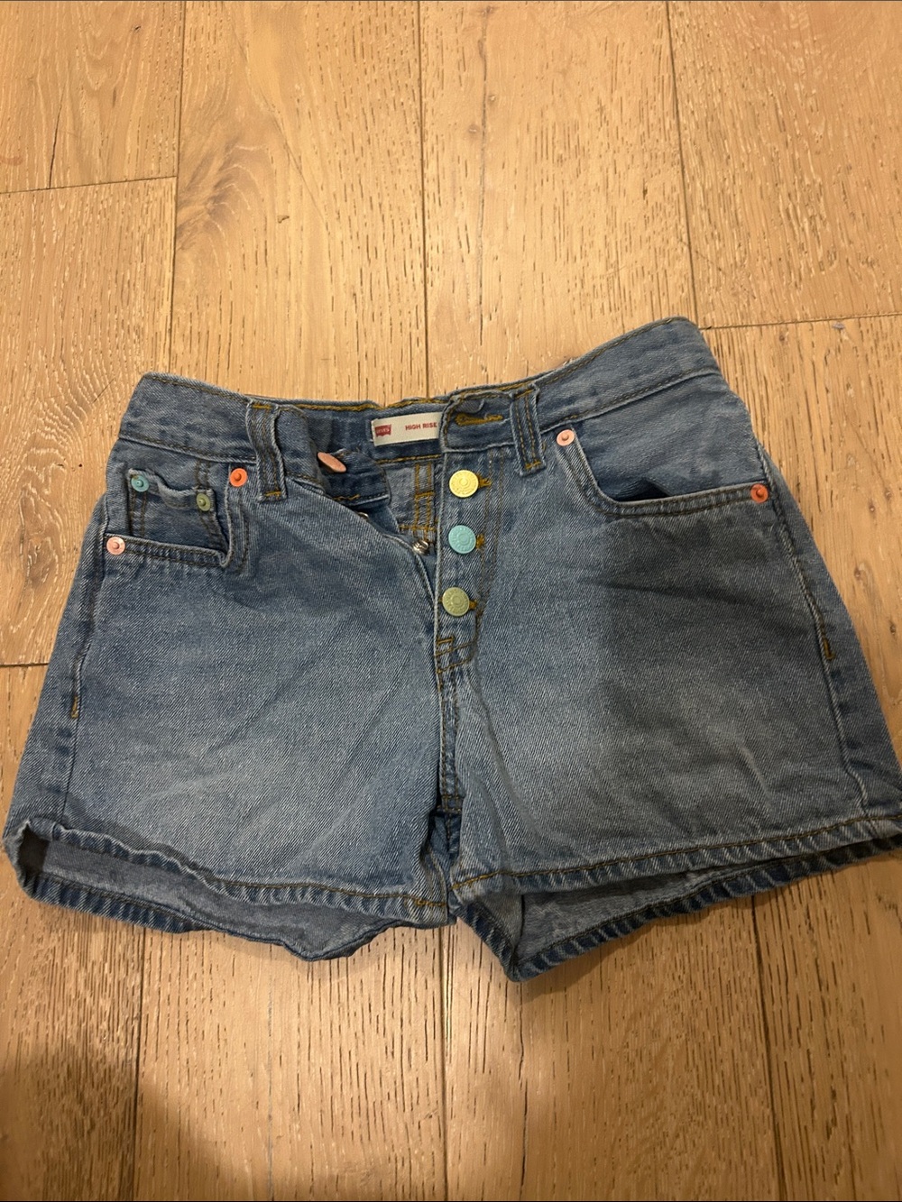 Denim High-Rise Button-Front Shorts in Blue